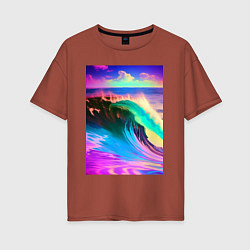 Футболка оверсайз женская Неоновая волна - тихий океан, цвет: кирпичный