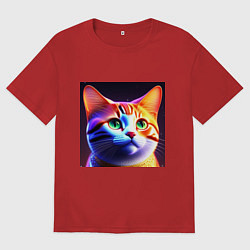 Футболка оверсайз женская Милый котик с большими глазами, цвет: красный