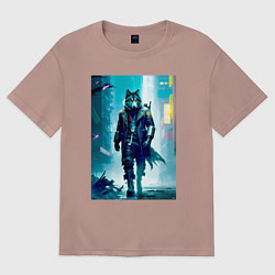 Футболка оверсайз женская Крутой волчара - киберпанк, цвет: пыльно-розовый