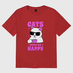 Футболка оверсайз женская Котик делает меня счастливее, цвет: красный