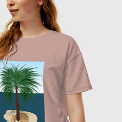 Футболка оверсайз женская Кот под пальмой на острове, цвет: пыльно-розовый — фото 2