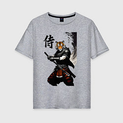 Футболка оверсайз женская Тигр самурай - иероглиф, цвет: меланж