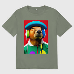 Женская футболка оверсайз Капибара в наушниках и шляпе - нейросеть