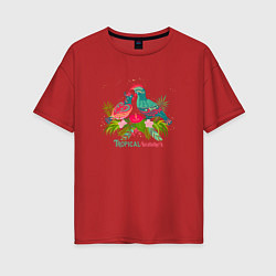 Женская футболка оверсайз Влюбленные попугаи среди тропических листьев