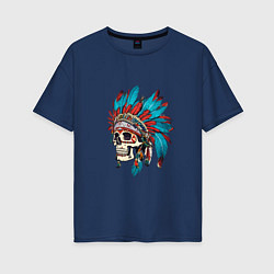 Футболка оверсайз женская Череп Индейца с перьями, цвет: тёмно-синий