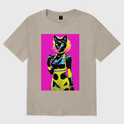 Футболка оверсайз женская Black cat - fashionista - pop art - neural network, цвет: миндальный