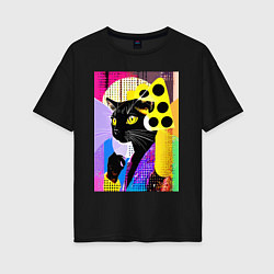 Футболка оверсайз женская Black cat cheese - pop art - poster, цвет: черный