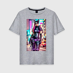 Женская футболка оверсайз Cyberpunk - cat girl - neural network
