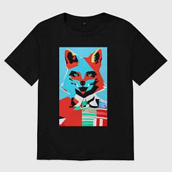 Футболка оверсайз женская Морда лисы - поп-арт - нейросеть, цвет: черный
