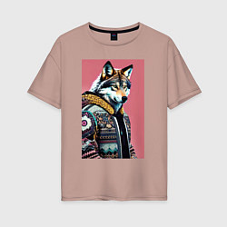Женская футболка оверсайз Волк следящий за модой - нейросеть