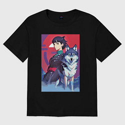 Женская футболка оверсайз Девочка со своим другом волком - аниме