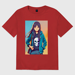 Женская футболка оверсайз Девчонка с черепом на одежде - аниме
