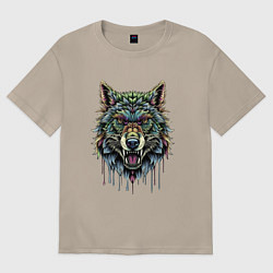 Футболка оверсайз женская Разноцветная голова волка, цвет: миндальный