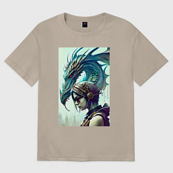 Женская футболка оверсайз Девчонка в шлеме и дракон - киберпанк