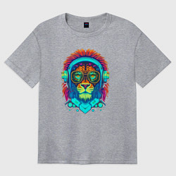 Футболка оверсайз женская Лев в наушниках киберпанк, цвет: меланж