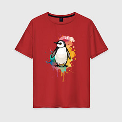 Футболка оверсайз женская Красочный пингвин, цвет: красный