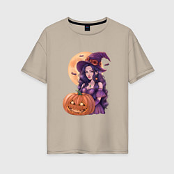 Футболка оверсайз женская Хэллоуин - ведьма с тыквой, цвет: миндальный