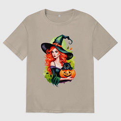 Женская футболка оверсайз Рыжая ведьма с тыквой и черным котом