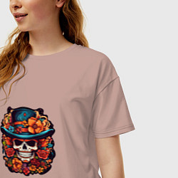Футболка оверсайз женская Череп в шляпе Хэллоуин, цвет: пыльно-розовый — фото 2