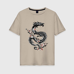 Женская футболка оверсайз Дракон с цветущей сакурой