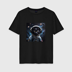 Футболка оверсайз женская Черный котик космонавт, цвет: черный