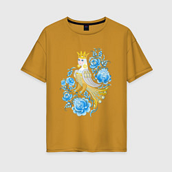 Женская футболка оверсайз Птица Сирин в цветах по мотивам гжельской росписи
