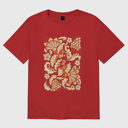 Футболка оверсайз женская Птицы в райском саду: русский орнамент, цвет: красный