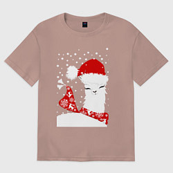 Женская футболка оверсайз Лама в шапочке и шарфе