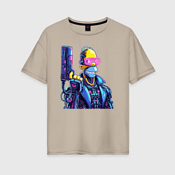 Футболка оверсайз женская Гомер Симпсон с пистолетом - киберпанк, цвет: миндальный