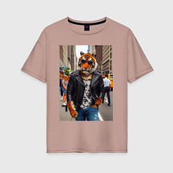 Женская футболка оверсайз Cool tiger on the streets of New York - ai art