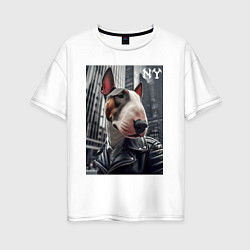 Футболка оверсайз женская Dude bull terrier in New York - ai art, цвет: белый