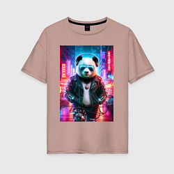 Женская футболка оверсайз Панда в ночном Пекине - киберпанк - нейросеть