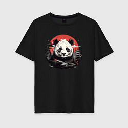 Футболка оверсайз женская Панда с красным солнцем, цвет: черный