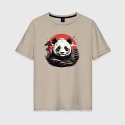 Футболка оверсайз женская Панда с красным солнцем, цвет: миндальный