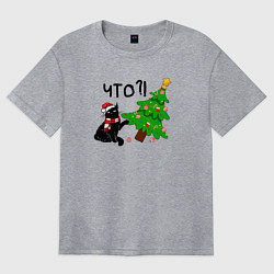 Женская футболка оверсайз Новогодний котик роняет ёлку