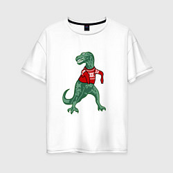 Женская футболка оверсайз Динозавр в новогоднем свитере