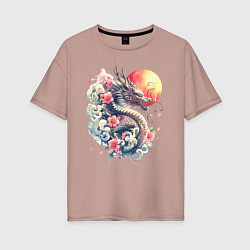 Женская футболка оверсайз Японский дракон на фоне солнца и цветки сакуры