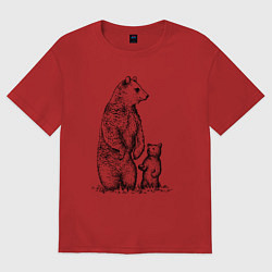 Футболка оверсайз женская Медведица с медвежонком, цвет: красный