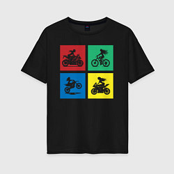 Футболка оверсайз женская Силуэты девушек на велосипедах и мотоциклах, цвет: черный