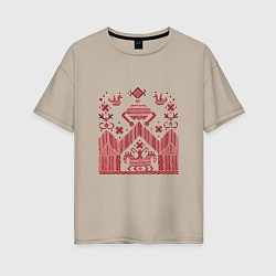 Женская футболка оверсайз Красные славянская узоры вышивки