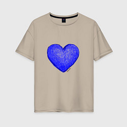 Футболка оверсайз женская Синее сердце нарисованное карандашами, цвет: миндальный