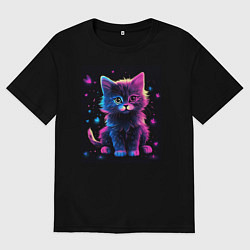 Футболка оверсайз женская Неоновый котенок на черном фоне, цвет: черный