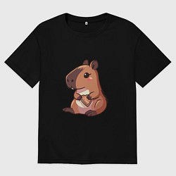 Футболка оверсайз женская Капибара с печенькой в виде сердца, цвет: черный