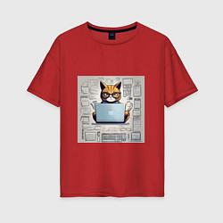 Футболка оверсайз женская Кот программист за ноутбуком, цвет: красный