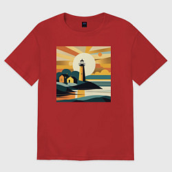 Футболка оверсайз женская Маяк под лучами солнца минимализм, цвет: красный