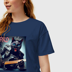 Футболка оверсайз женская Чёрный котяра - панк гитарист, цвет: тёмно-синий — фото 2