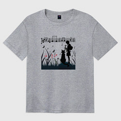 Женская футболка оверсайз Девушка и кот или музыка для души