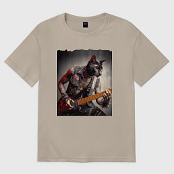 Футболка оверсайз женская Татуированный чёрный котяра рок гитарист, цвет: миндальный