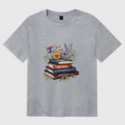 Женская футболка оверсайз Стопка книг с полевыми цветами