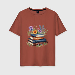 Футболка оверсайз женская Стопка книг с полевыми цветами, цвет: кирпичный